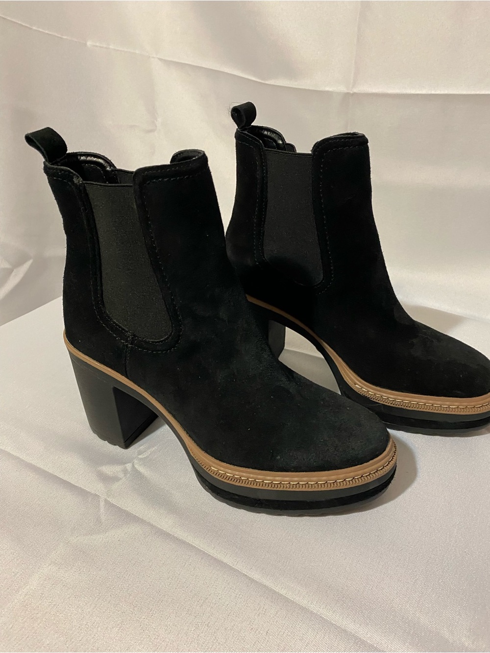 Steve Madden Black Suede Lexa Platform Booties with Brown Trim